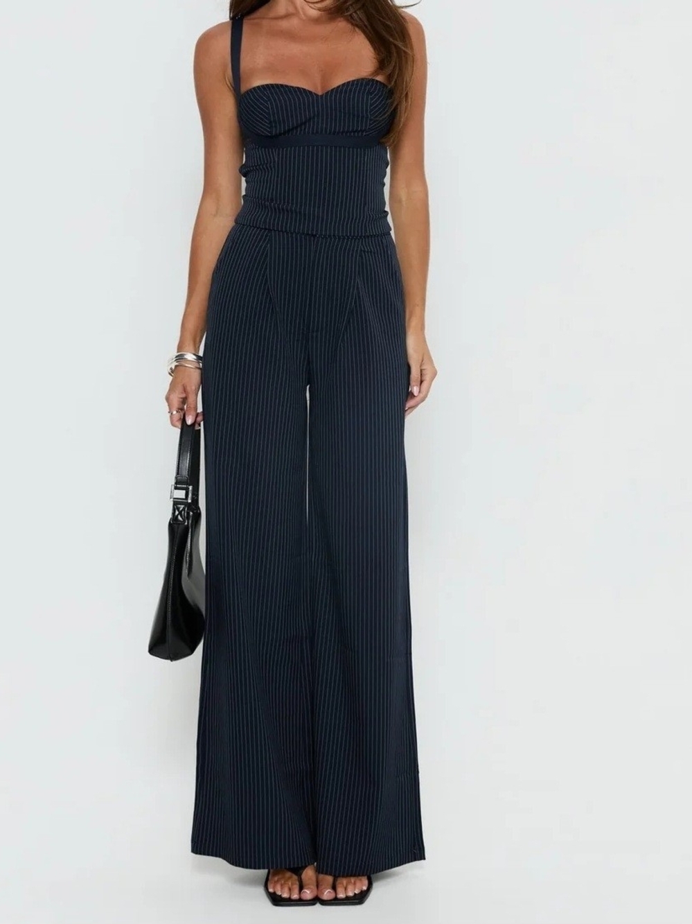 Navy Pinstripe Wide-Leg Jumpsuit